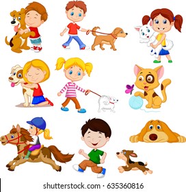 cartoon little kids with pets