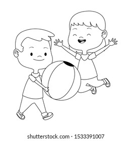 cartoon little kids playing with a ball over white background, flat design. vector illustration