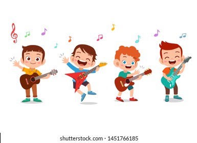 Dibujos animados, niños pequeños tocando música