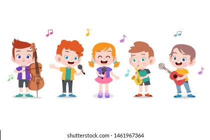 Cartoon little kids playing music vector