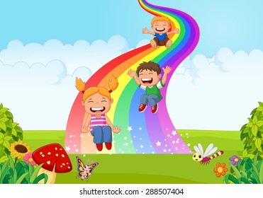 Cartoon little kids playing slide rainbow in the jungle