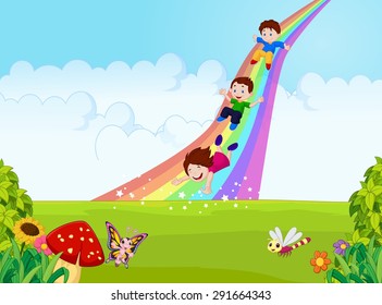 Cartoon little kids playing slide rainbow in the jungle
