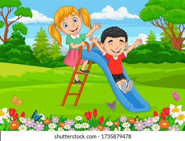 Cartoon little kids playing sliding down in the park