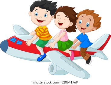 Cartoon Little Kids Riding Airplane Isolated On White Background