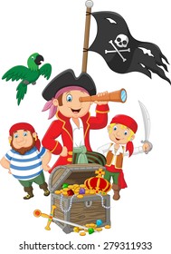 Cartoon Little kids trapped in area of the treasure island on white background. vector illustration