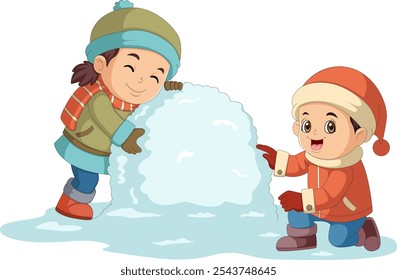 Cartoon little kids in winter clothes with snowball of illustration