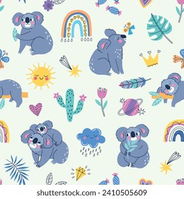 Cartoon little koalas seamless pattern. Funny exotic bear, australian animals characters, repeated wildlife creations, mammals, vector print.eps
