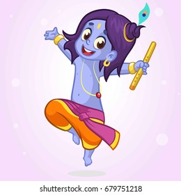 Cartoon little Krishna dancing with a flute. Vector illustration for Krishna birthday festival Janmashtami Day Hindu