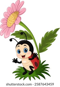 Cartoon little ladybug under daisy flower