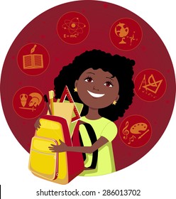 Cartoon little Latina girl with a backpack, filled with school supplies, school subjects on the background, vector illustration, no transparencies, EPS 8