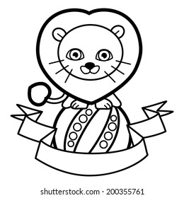 Cartoon little lion is performing. One color illustration. Black and white hand drawing. Vector background. Good for book and card for children. Sweet little circus predator