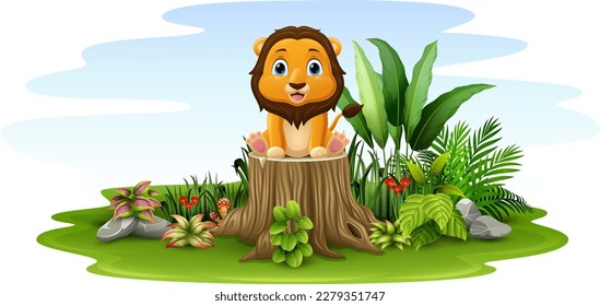 Cartoon little lion sitting on tree stump