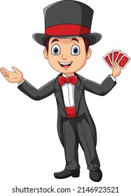 Cartoon little magician playing cards