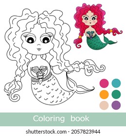 Cartoon little mermaid  coloring book page. Cartoon mermaid with long curly hair, colorful template. Little baby marmaid with long curly pink hair. Funny mermaid isolated contour. Kids coloring book.