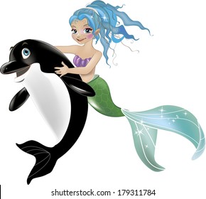 cartoon little mermaid and dolphin 
