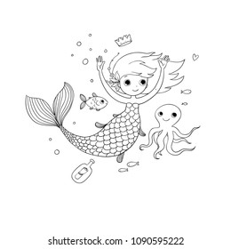 Cartoon little mermaid, fish, crown and octopus  . Siren. Sea theme. vector illustration on a white background.