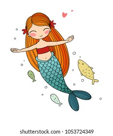 Cartoon Little Mermaid And Fish . Siren. Sea Theme. Vector Illustration On A White Background.