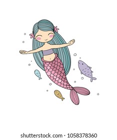 Cartoon little mermaid and fish . Siren. Sea theme. vector illustration on a white background.