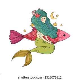 Cartoon little mermaid and fish . Siren. Sea theme. vector illustration on a white background.