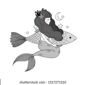 Cartoon little mermaid and fish . Siren. Sea theme. vector illustration on a white background.