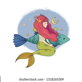 Cartoon little mermaid and fish . Siren. Sea theme. vector illustration on a white background. 