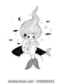 Cartoon little mermaid and fish . Siren. Sea theme. vector illustration on a white background. 
