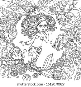 Cartoon little mermaid girl amazement communicates with the fish on underwater world frame with corals, fish and anemones background outlined