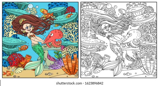 Cartoon little mermaid girl dancing with an octopus on underwater world with corals,  actinia and fishes background color and outlined