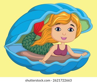 Desenho animado pequena sereia menina na ilustração vetor concha