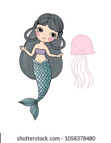 Cartoon little mermaid and jellyfish . Siren. Sea theme. vector illustration on a white background.