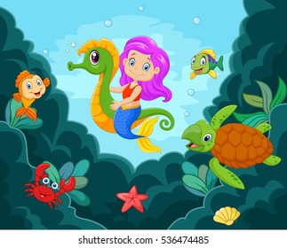 Cartoon little mermaid playing with seahorse