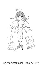 Cartoon little mermaid and seaweed, starfish, seashells, fish. Siren. Sea theme. vector illustration on a white background.