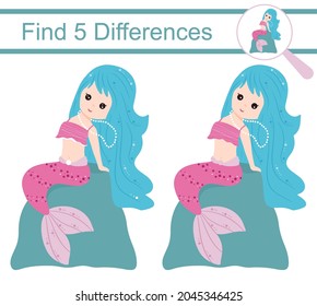 Cartoon little mermaids. Find 5 differences. Educational game for children. Vector illustration, flat cartoon style.