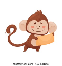 Cartoon Little Monkey Character Standing and Holding Banner with Copy-space Vector Illustration