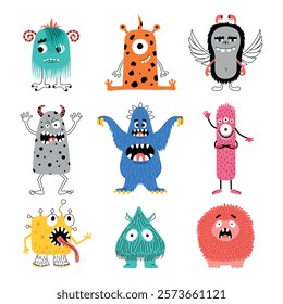 Cartoon little monsters. Funny fairy creatures, cute crazy characters, emotional comic mascots, colorful, fluffy and toothy, vector set