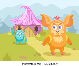 Cartoon little monsters in village flat vector illustration. Cute colorful furry creatures characters with smiles and troll faces. Fairytale, halloween, magic animals concept for children design, apps