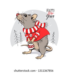 Cartoon Little Mouse in a red dress, striped scarf and with a decoration. Christmas and New Year card, t-shirt composition, handmade vector illustration.