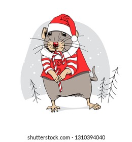 Cartoon Little Mouse in a red Santa's cap, dress and with a lollipop. Christmas and New Year card, t-shirt composition, handmade vector illustration.