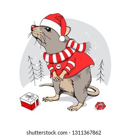 Cartoon Little Mouse in a red Santa's cap, dress, striped scarf and with a gifts. Christmas and New Year card, t-shirt composition, handmade vector illustration.