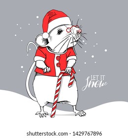 Cartoon Little Mouse in a red Santa's cap and with a lollipop. Let it snow – lettering quote. Christmas and New Year card, t-shirt composition, handmade vector illustration.