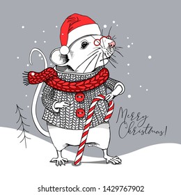 Cartoon Little Mouse in a red Santa's cap, knitted pullover and with a lollipop. Christmas and New Year card, t-shirt composition, handmade vector illustration.