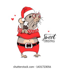 Cartoon Little Mouse in a red Santa's costume, in a glasses and with a Ice cream popsicle. Have a sweet Christmas – lettering quote. New Year card, t-shirt composition, handmade vector illustration.