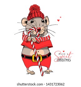 Cartoon Little Mouse in a red Santa's costume, knitted winter hat and with a lollipop. Have a sweet Christmas – lettering quote. New Year card, t-shirt composition, handmade vector illustration.