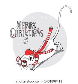 Cartoon Little Mouse in a red Santa's hat, striped scarf and in a glasses. Christmas and New Year card, t-shirt composition, handmade vector illustration.