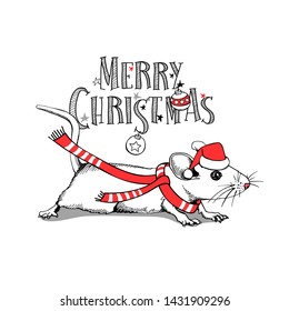 Cartoon Little Mouse in a red Santa's hat and in a striped scarf. Christmas and New Year card, t-shirt composition, handmade vector illustration.