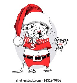 Cartoon Little Mouse in a red Santa's costume, big cap and with a decor for fir tree. Merry and joy – lettering quote. Christmas and New Year card, handmade vector illustration.