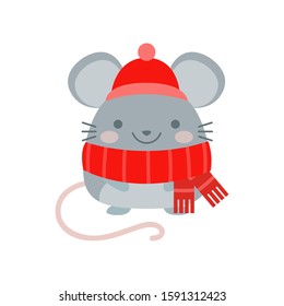 Cartoon Little Mouse in a red scarf and hat.