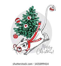 Cartoon Little Mouse in a red striped scarf and in a glasses with a fir tree. Christmas and New Year card, t-shirt composition, handmade vector illustration.