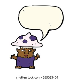 cartoon little mushroom man with speech bubble