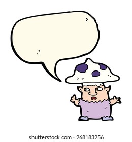 cartoon little mushroom man with speech bubble